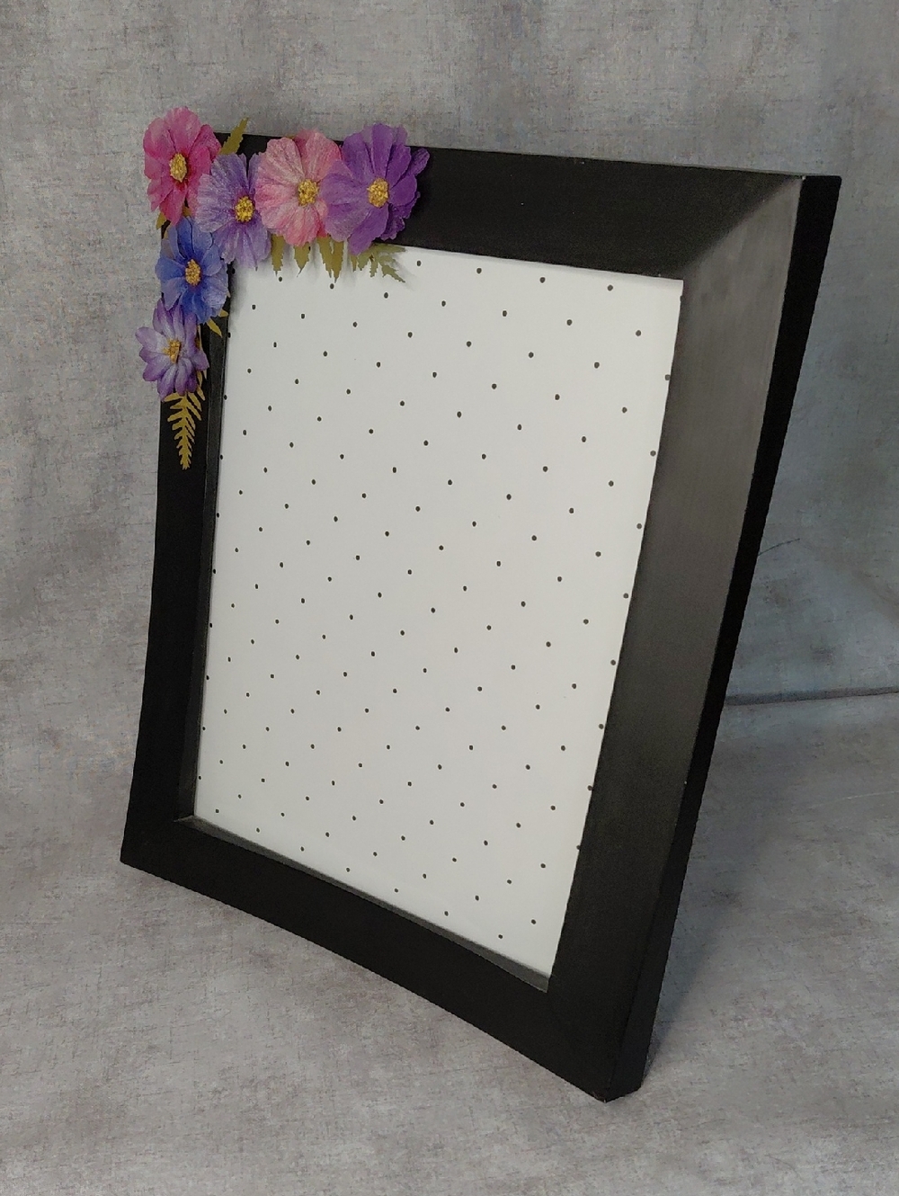 Hand Designed Black Frame with Purple and Pink Fabric Flower Accents